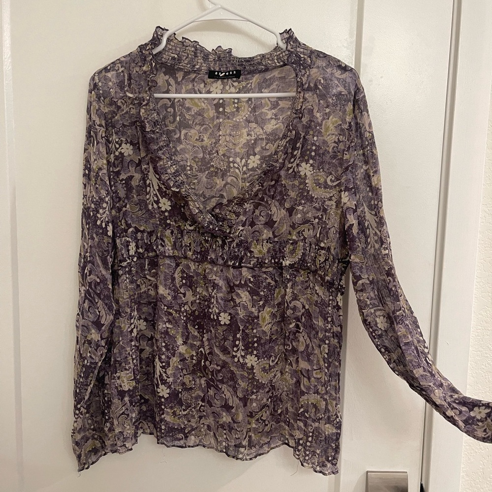 Vintage Y2K V‎ Neck Sheer Floral Purple Cream Floral Blouse